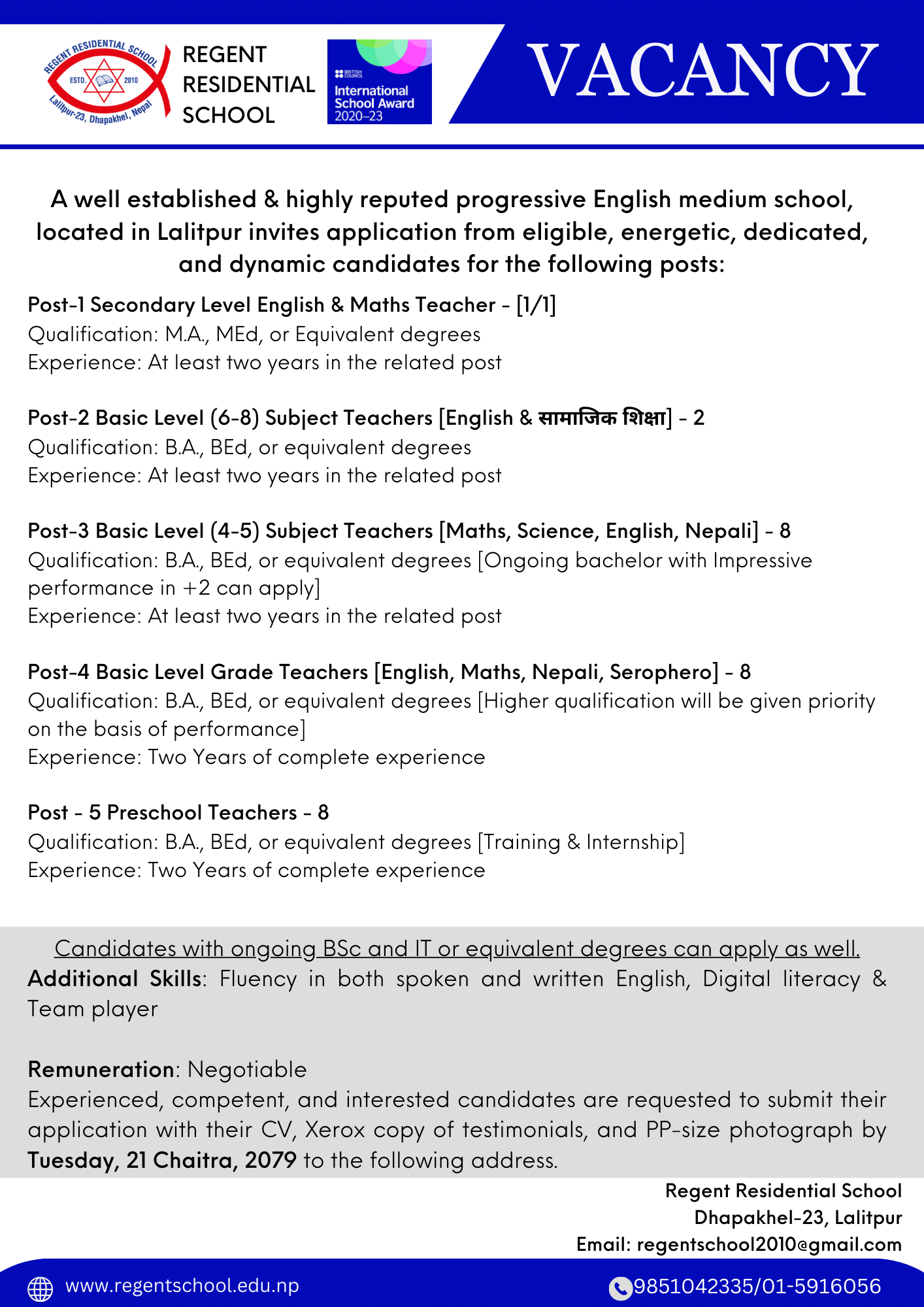 Vacancy at Regent Residential School